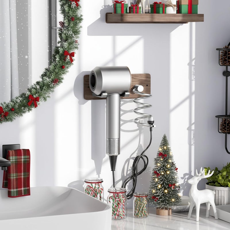 Tindbea Hair Dryer Holder Curling Iron Holder, Blow Dryer Holder Wall Mount, Bathroom Hair Tool Organizer Rack for Universal Dryer, Walnut Wood Silver Color Metal - Image 2